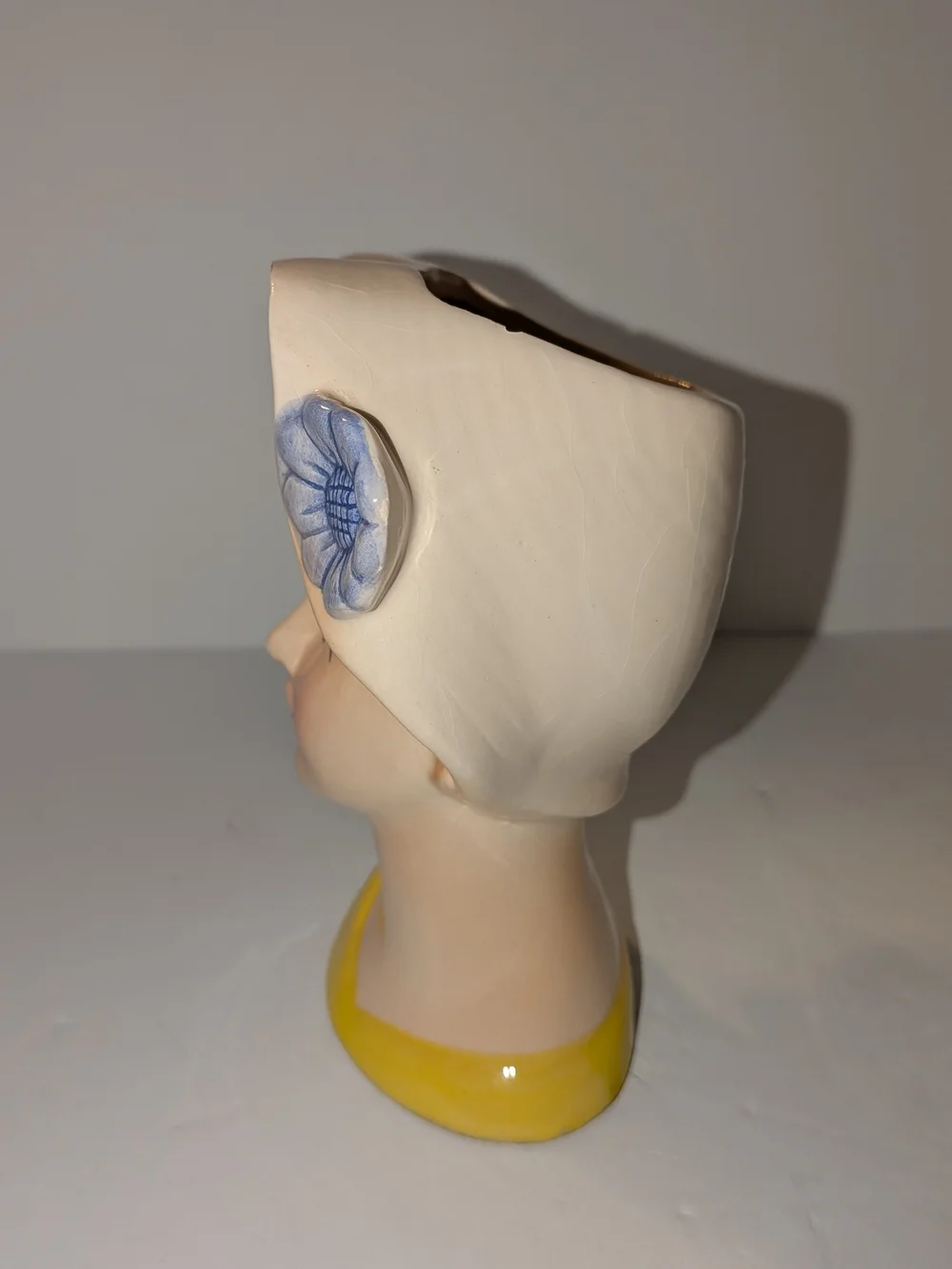 Vintage Brinn's Lady Head Vase with Yellow Dress and Blue Flower 5 Inches Tall